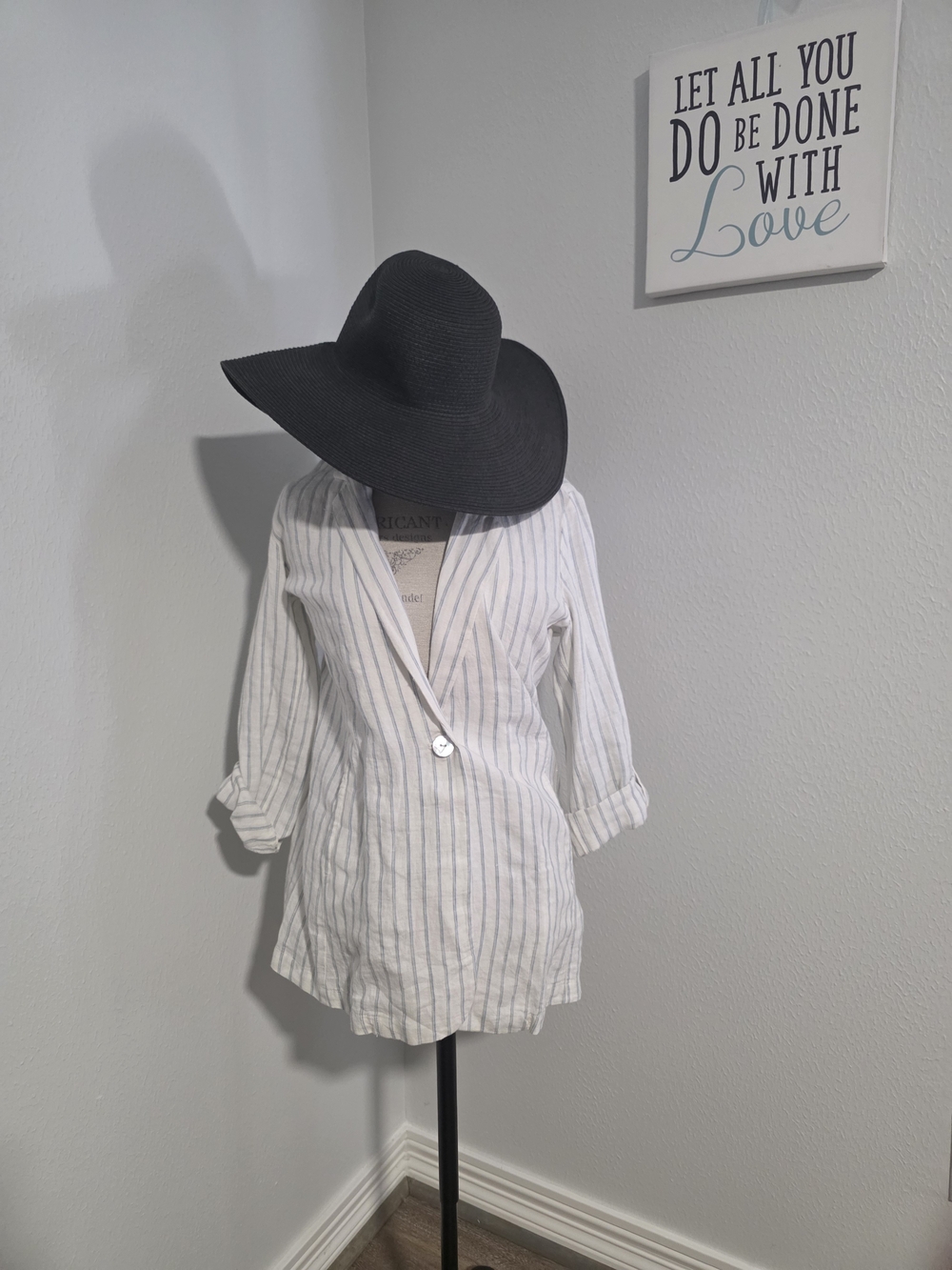 C&C California Linen Blazer with Blue & Gray Vertical Pinstripes.